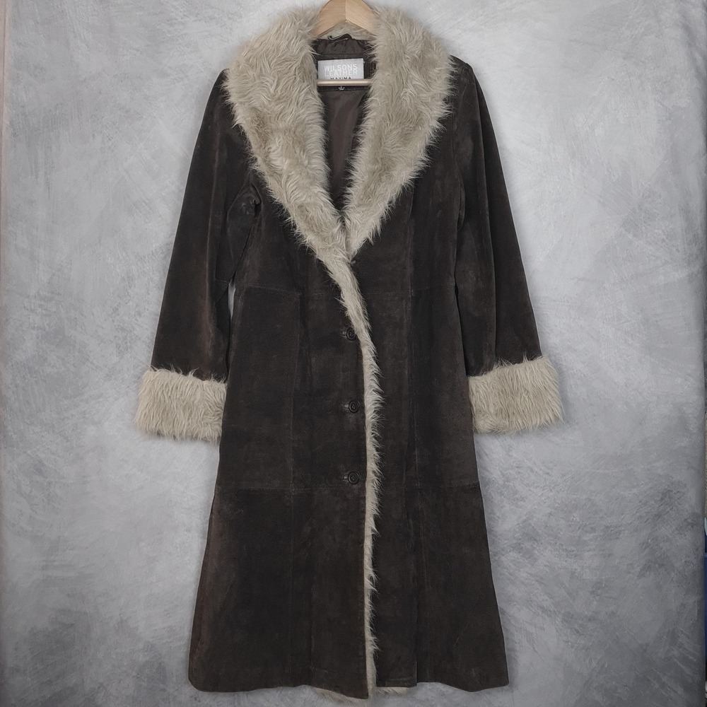 Vntg Wilsons Leather Coat Womens Small Suede Faux Fur Trim Long Penny Lane